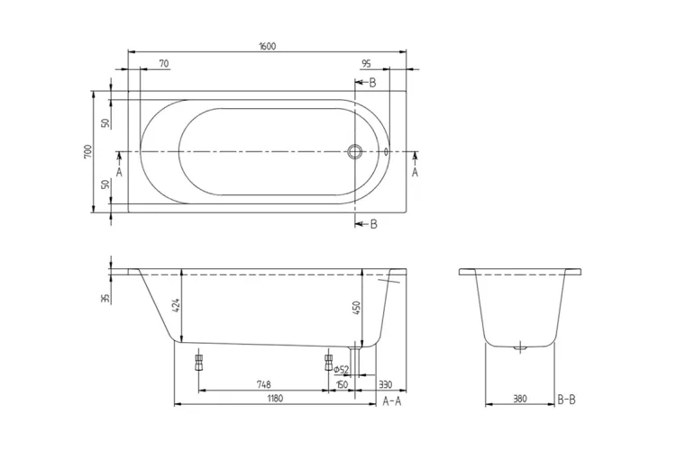 O.NOVO Ванна 1600x700  акрил (UBA160CAS2V-01) зображення 4