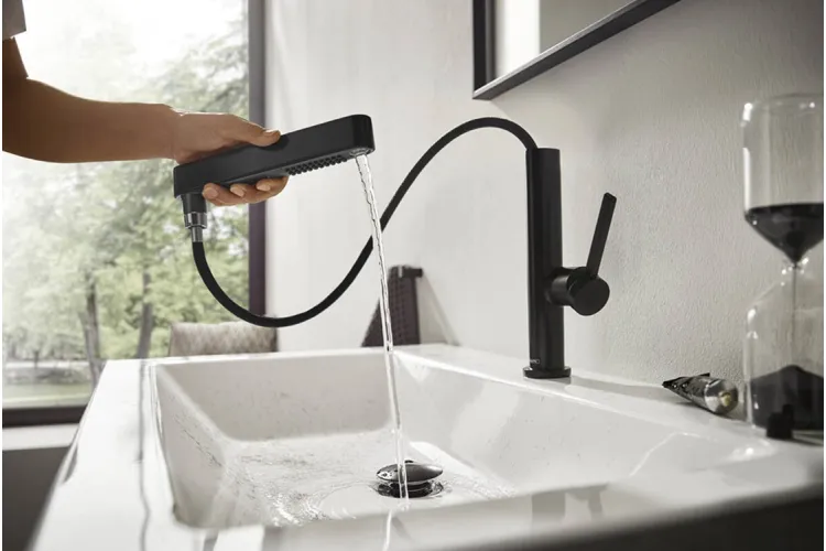 Змішувач Finoris 230 для умивальника з поворотним висувним носиком 2JET і донним клапаном push-open, Matt Black (76063670) зображення 5