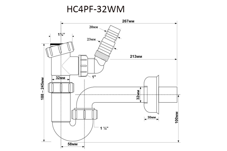 Сифон для умивальника HC4PF-32WM трубний б/зливу 1 1/4″x32мм з підкл. до прал. або посуд. маш., білий зображення 2
