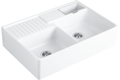 DOUBLE-BOWL SINK Кухонна мийка вбудована 90 см з двома чашами без отвору для змішувача (632391R1, White alpine glossy CeramicPlus