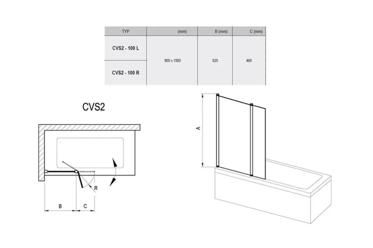 Шторка для ванни 100 см Транспарент, ліва, ( профіль білий)  CVS2-100L (7QLA0100Z1) зображення 2
