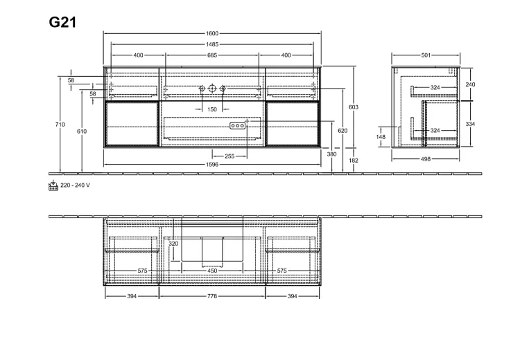 FINION Тумба під умивальник 1600x603x501 Glass Black, Walnut Veneer, поличка Gold Matt + 4 LED (G212HFGN) зображення 4