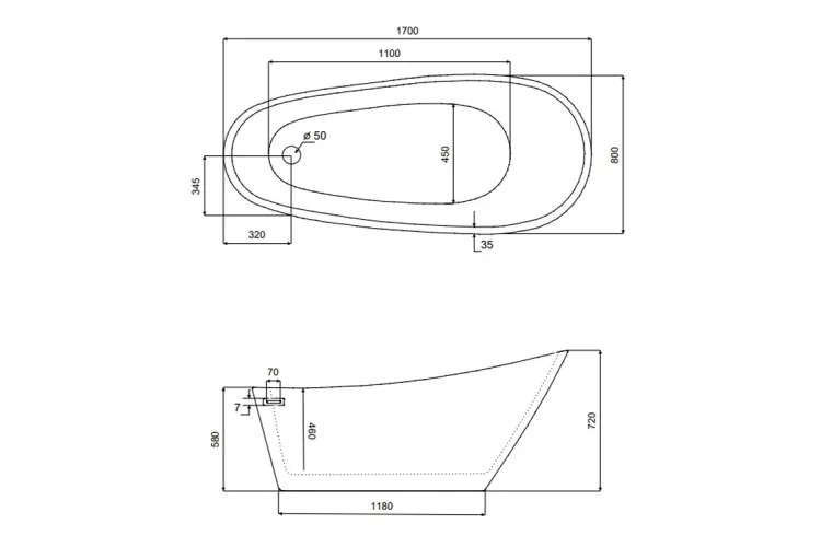 Ванна акрилова MELODY вільностояча 170х80 з сифоном клік-клак з переливом білий зображення 4