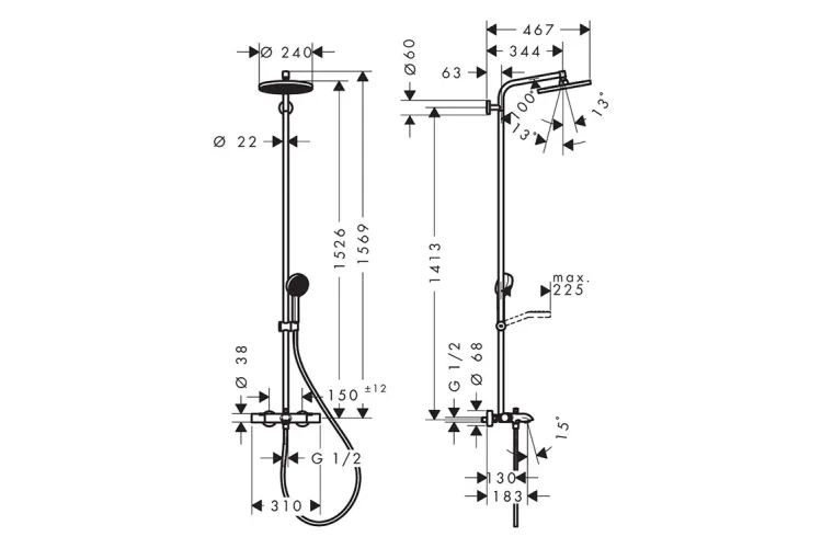 Душова система Activera S 240 1jet EcoSmart з термостатом Ecostat Fine для ванни, Matt Black (28871670) зображення 2