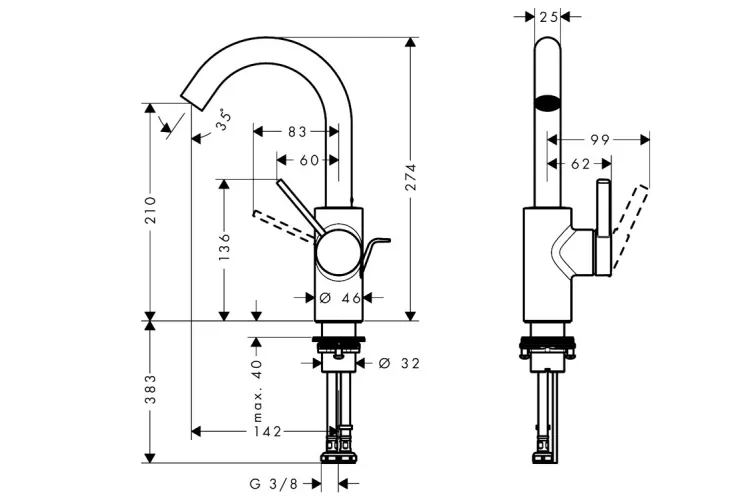 Змішувач Zesis S 210 для умивальника, рухомий носик, з донним клапаном pop-up, Matt Black (74740670) image 2