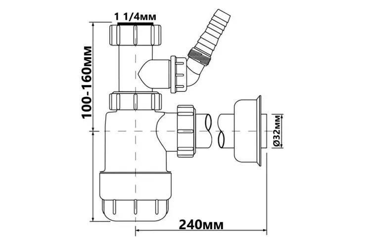 Сифон для умивальника з підключенням до пральної машини (1/1/4х32) HC2WM-32 зображення 2