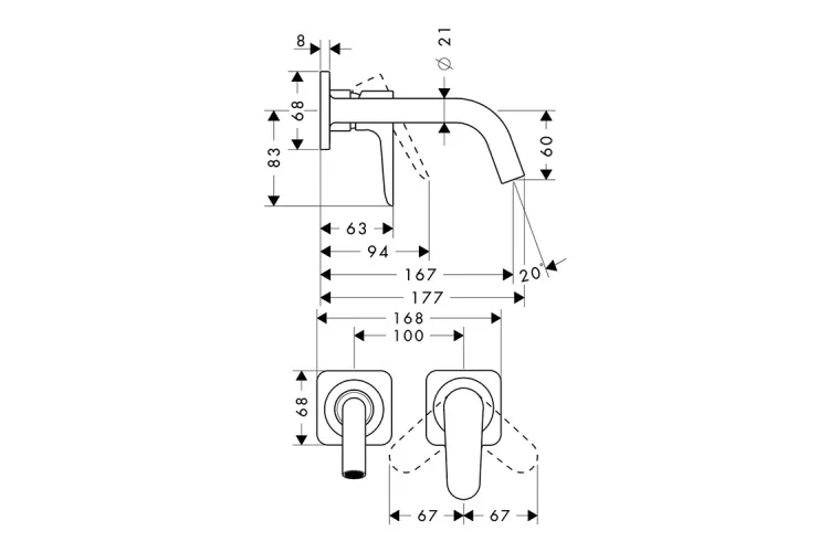 Змішувач Axor Citterio M 167 мм для умивальника зі стіни на 2 отвори  34113820, Brushed Nickel image 2