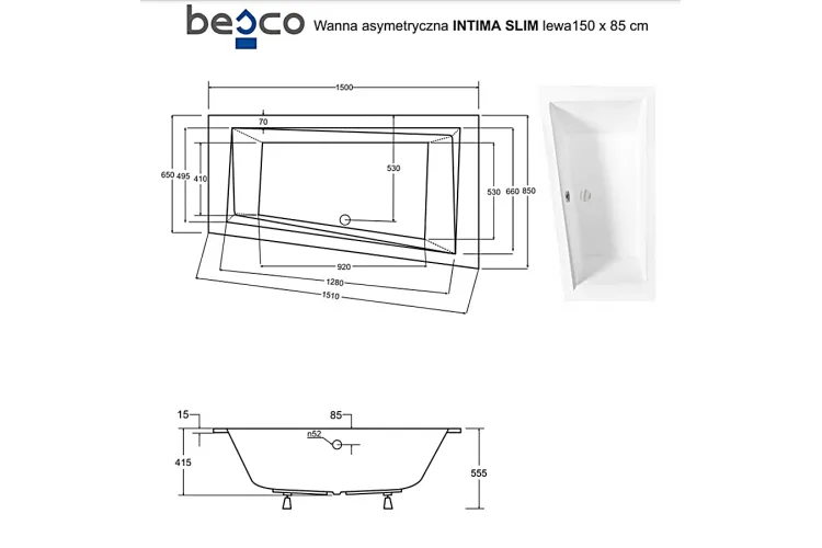 Ванна акрилова INTIMA SLIM 150х85 Ліва (соло) без ніг зображення 5