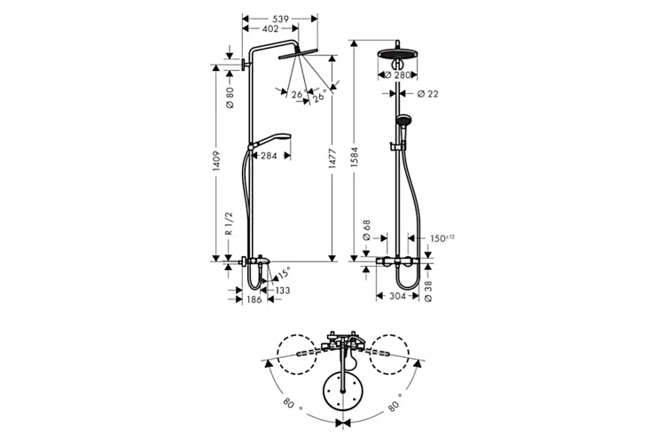 Душова система Croma Select S 280 RainAir 1jet Showerpipe для ванни з термостатом, хром (26792000) зображення 2