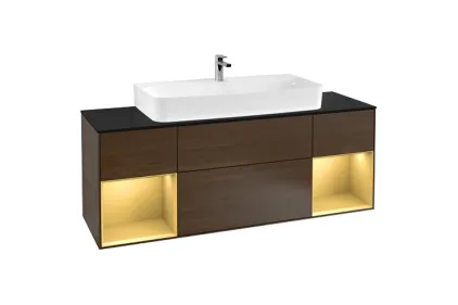 FINION Тумба під умивальник 1600x603x501 Glass Black, Walnut Veneer, поличка Gold Matt + 4 LED (G212HFGN)