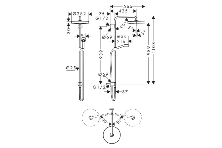 Душова система Axor One Showerpipe 280 1jet прихованого монтажу без змішувача, Brushed Nickel (48790820) зображення 2