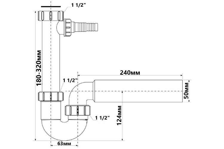 Сифон для кухонної мийки з підключенням до пральної машини (11/2х50 мм) HC7 зображення 2