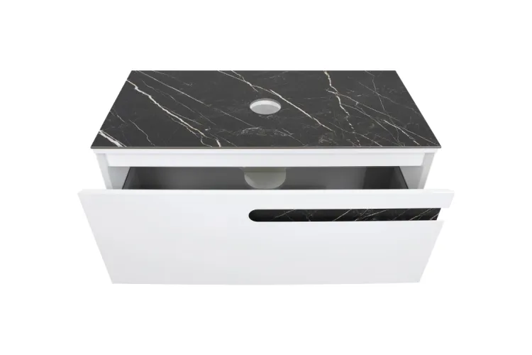 Тумба ОСТІН зі стільницею керамограніт Namibia Black 100 см (консольна), білий мат, без умивальника зображення 4