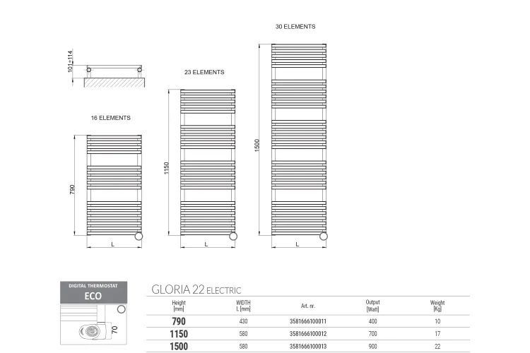 GLORIA ELECTRIC Рушникосушка 1150x580 F15 чорна з термостатом Eco Chrome (3581660050023) image 2