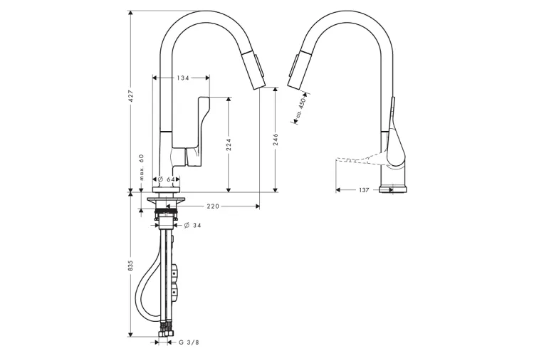 Змішувач Axor Citterio 250 2jet для кухні з витяжним виливом, Brushed Black Chrome (39835340)  image 2