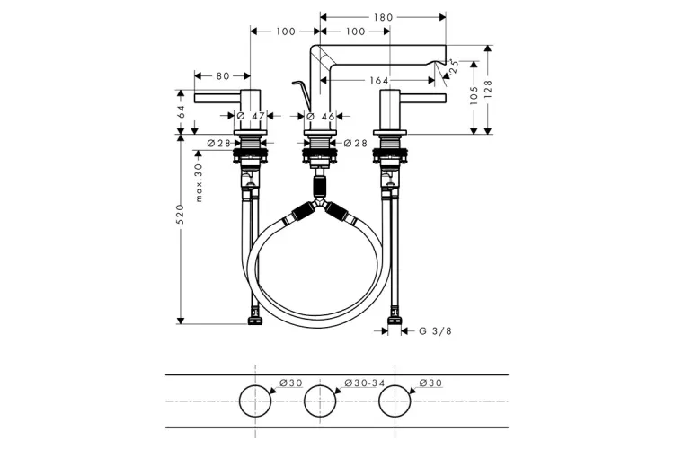 Змішувач Zesis S для умивальника на 3 отвори з донним клапаном pop-up, Chrome (74733000) image 2