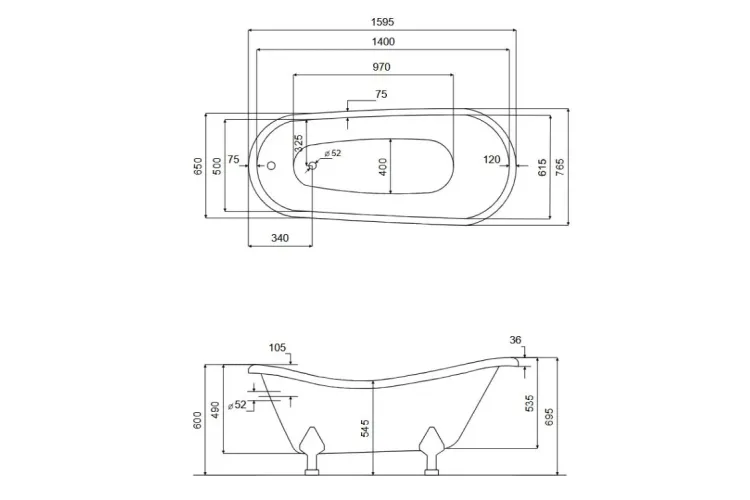 Ванна акрилова OTYLIA ретро 160х77 з 2 отворами (злив і перелив), з ногами чорними, без сифона image 2