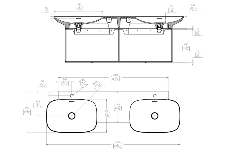 Умивальник меблевий подвійний під тумбу PURE, матеріал KRION 158x49x14,5h (100219108) image 2