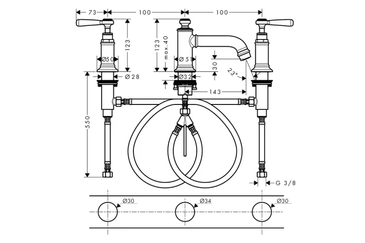 Змішувач Axor Montreux 30  для умивальника на 3 отвори Lever, Polished Gold Optic 16535990 image 2
