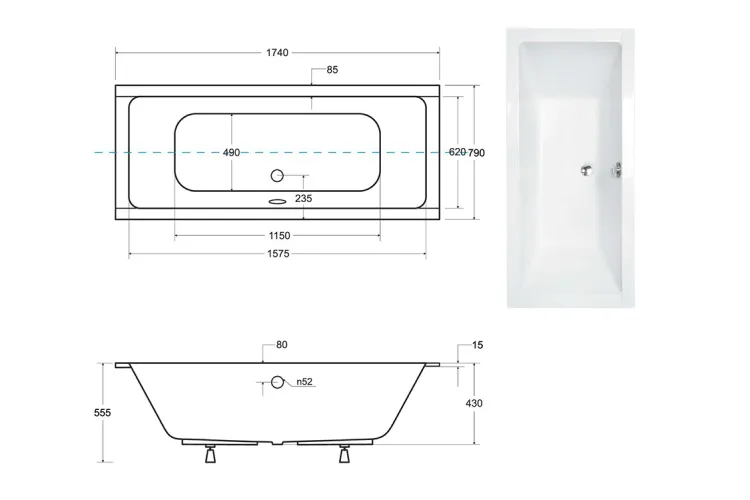 Ванна акрилова QUADRO SLIM 175х80 без ніг, БЕЗ отворів під ручки, без ручок image 3