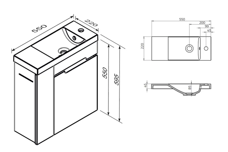 Тумба з умивальником SIENA 55 см, дві дверки, білий глянець, права 189230 image 3