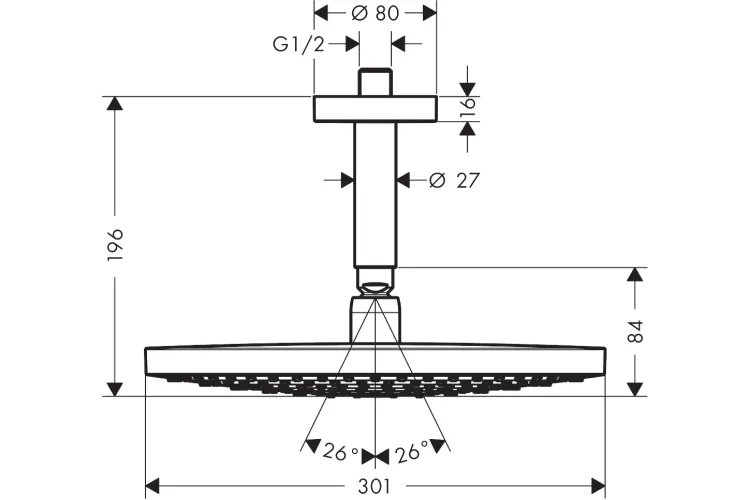 Верхній душ Raindance Select S 300 2jet з тримачем зі стелі, хром (27337000) зображення 3