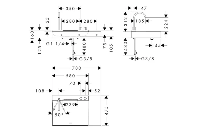 Умивальник Avalegra AquaUnit 780/475 R без переливу QuickClean+ зі змішувачем Matt Black (22473670) зображення 3