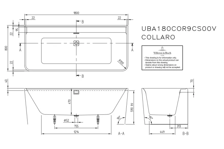 COLLARO Duo Ванна пристінна 1800х800 з ніжками та сифоном акрилова (UBA180COR9CS00VJ01) Gold зображення 4