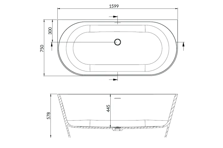 Ванна пристінна з литого мармуру JUNE 160х75 Gelcoat біла глянцева з сифоном клік-клак зображення 3
