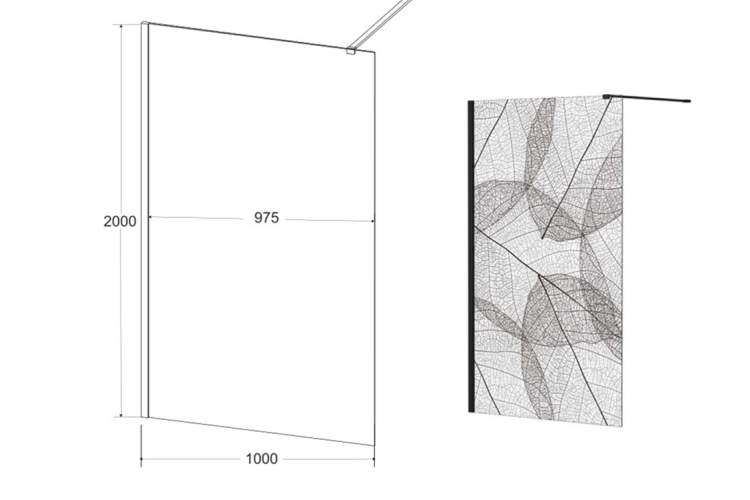 Кабіна walk in LEAFY 100x200 скло прозоре з візерунком, тримач чорний матовий 120 см зображення 4
