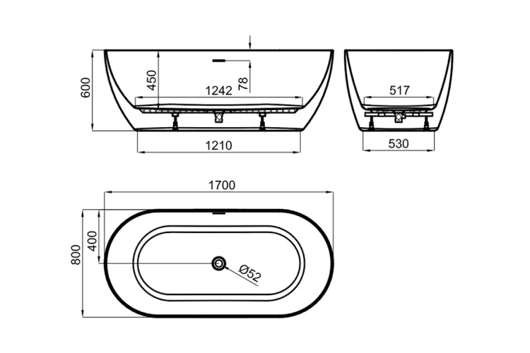 LOUNGE Ванна акрилова 170х80 окремостояча, злив по центру, matt white (100311350) зображення 4
