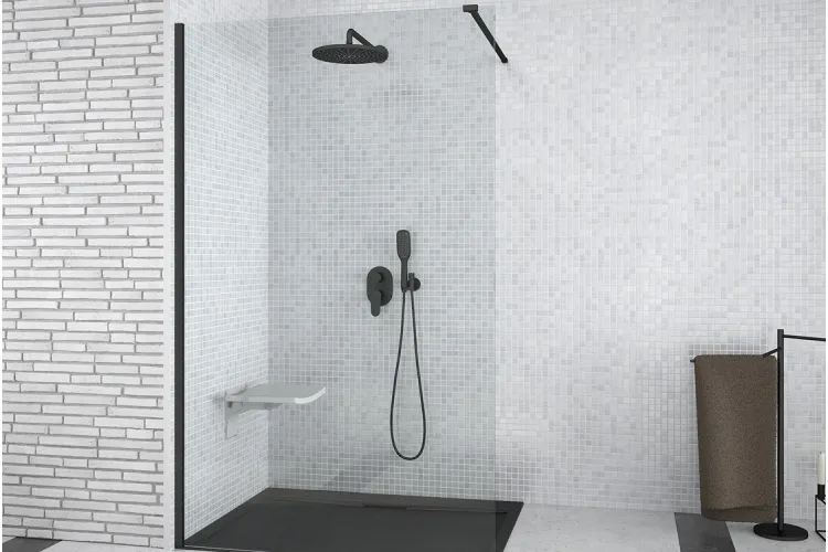 Кабіна walk in AVEO BLACK 120x195: скло прозоре, чорний профіль, тримачі хромовані 120 см зображення 2