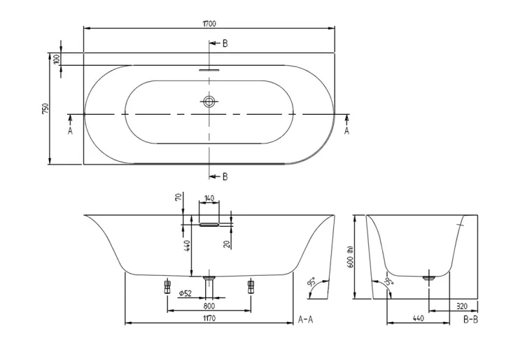 LOOP&FRIENDS Ванна 1700x750 овальна пристінна кутова лівостороння Stone White (UBA170LOF9CL00V-RW) image 3