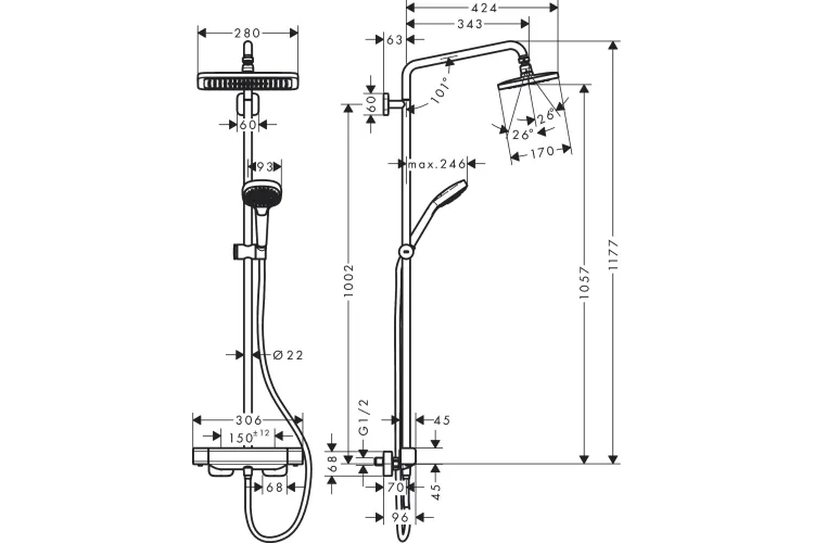 Душова система Croma E Showerpipe 280 1jet з термостатом (27630000) image 2