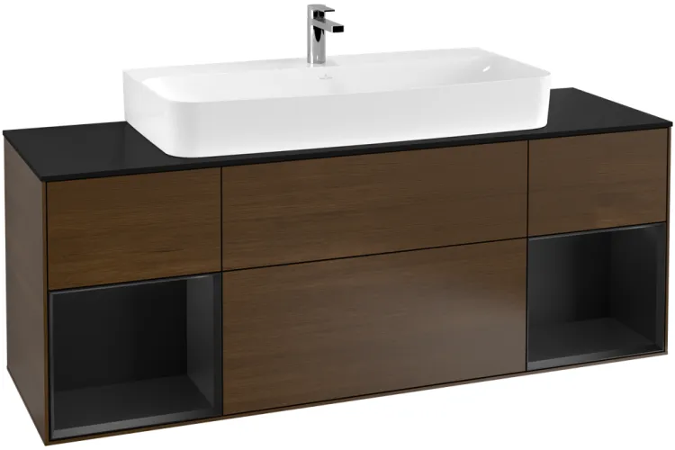 FINION Тумба під умивал160x50,1x60,3 Glass Black Walnut Veneer, поличка Black Matt+ 2 LED (F212PDGN) зображення 1