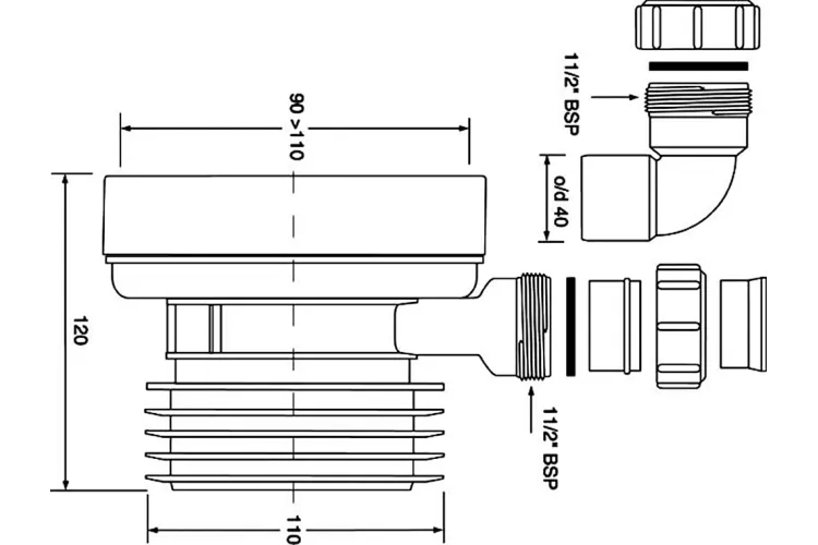 Коліно-підключення до WC коротке 120 мм. просте, з отвором 40 мм WC-CON1D зображення 2