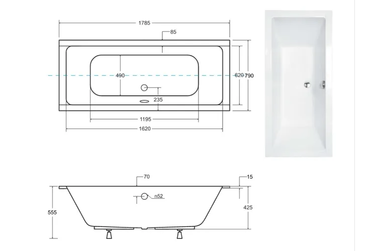 Ванна акрилова QUADRO SLIM 180х80 без ніг / БЕЗ отворів під ручки / без ручок image 3