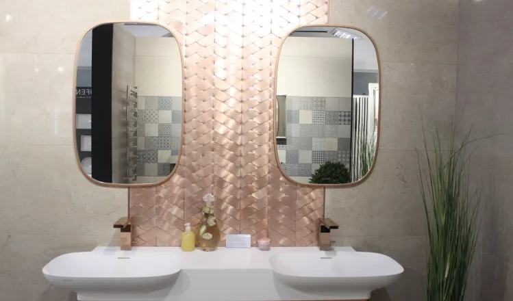 Меблі до ванної кімнати Systempool, змішувачі Noken, мозаїка L'antic Cololnial Gravity Aluminium та плитка Porcelanosa Milano