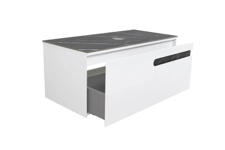 Тумба ОСТІН зі стільницею керамограніт Namibia Black 100 см (консольна), білий мат, без умивальника зображення 2