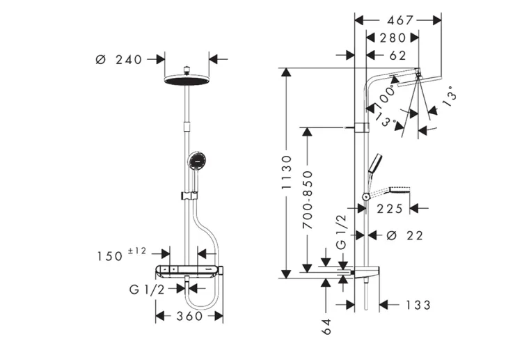 Душова система Activera S Showerpipe 240 1jet EcoSmart ShowerTablet Select 360, MattBlack (28638670) зображення 7