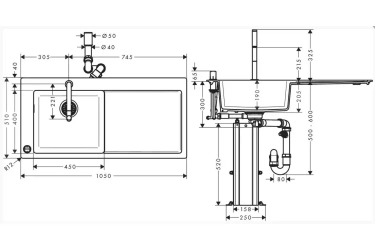 Кухонна мийка C51-F450-12 Сombi 1050x510 полиця ліворуч зі змішувачем Select Chrome (43228000) image 2