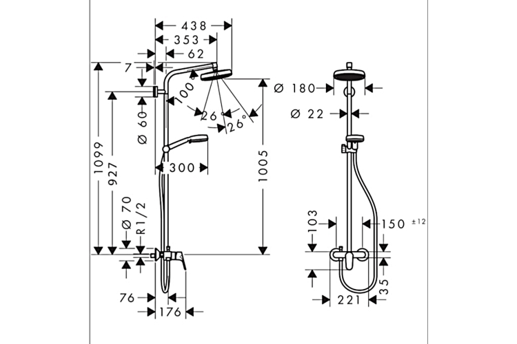 Душова система Crometta 160 1jet Showerpipe біла/хромована (27266400) зображення 2