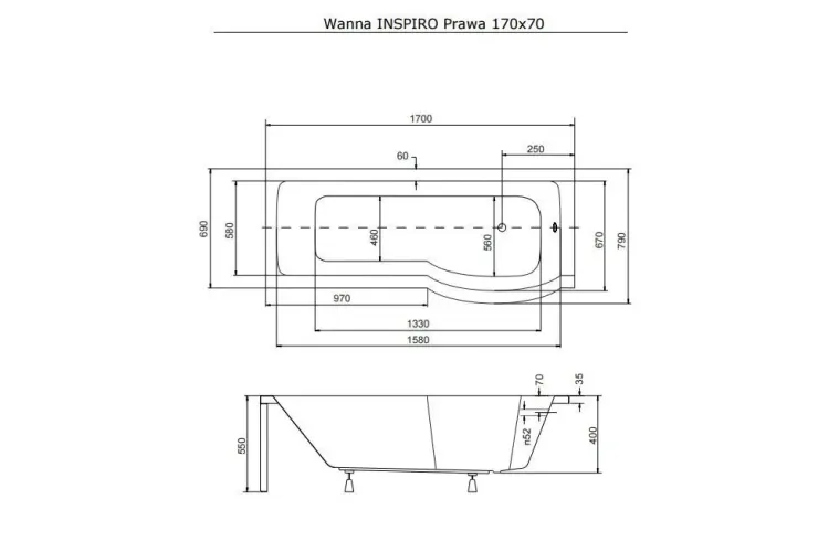 Ванна акрилова INSPIRO 170х70 Права (соло) без ніг image 4