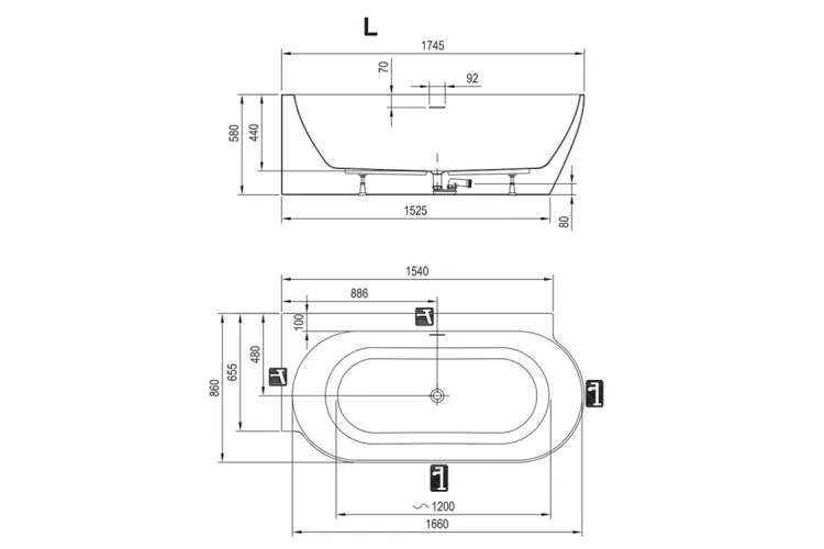 Ванна пристінна Freedom Corner II Tec 175х86 L (перелив/злив білий,чорний,хром) біла, CC81000000 image 4
