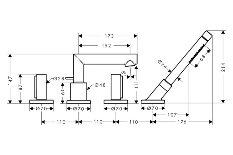 Змішувач Axor Uno на край ванни 4 отвори виступ 152мм, Polished Black Chrome (45444330) зображення 2