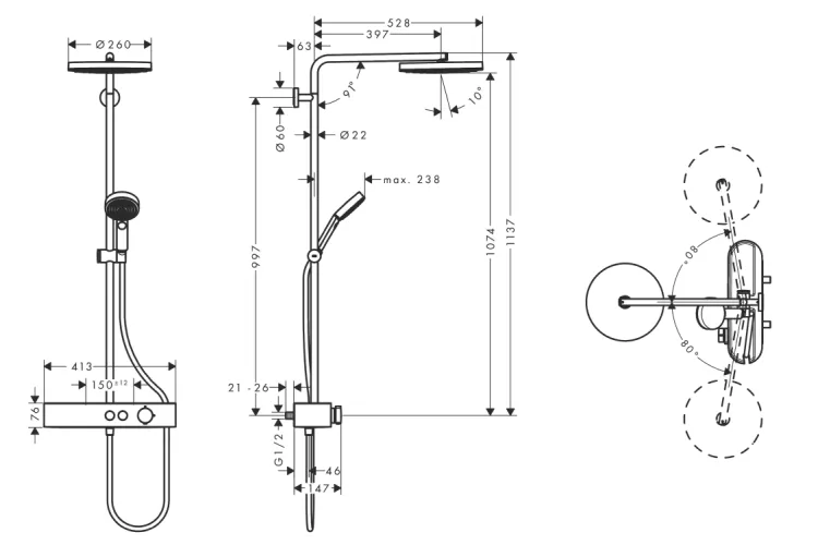 Душова система Pulsify Showerpipe 260 1jet 400 EcoSmart, Brushed Black Chrome (24221340) image 2