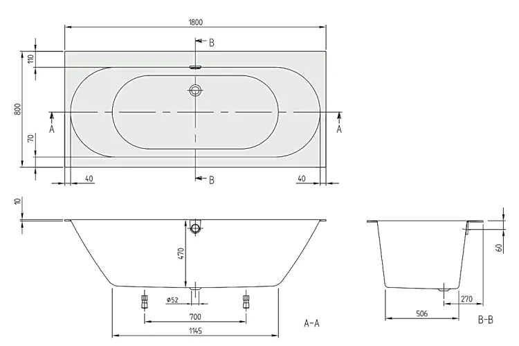 OBERON 2.0 Ванна 1800x800 в комплекті з ніжками та сифоном (UBQ180OBR2DV--01) image 2