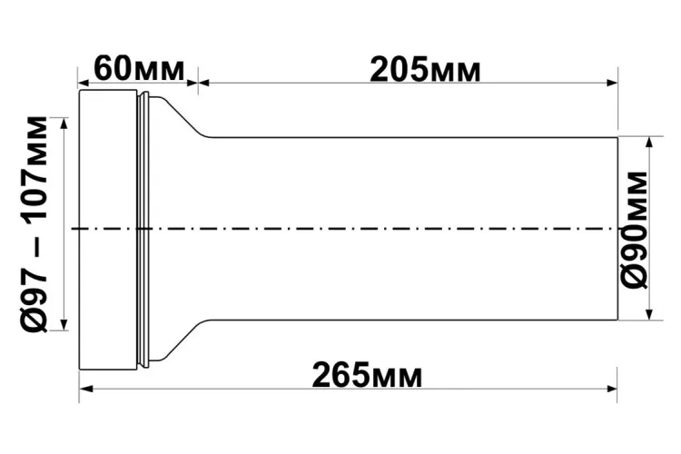 Коліно-підключення еластичне до WC: просте/90 мм/з ущільнювачем/L-265 мм WC-CON2BL-NOSEAL зображення 2