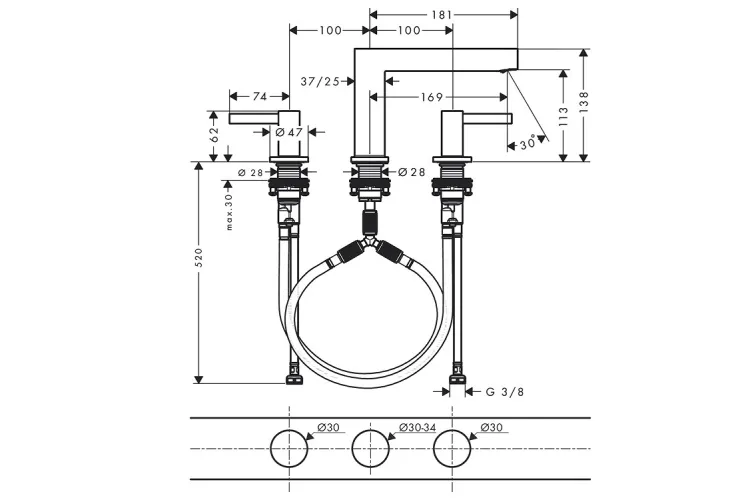 Змішувач Finoris 110 для умивальника на 3 отвори з донним клапаном push-open, Chrome (76033000) image 4