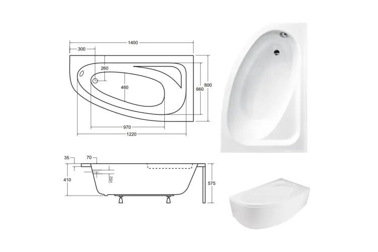 Ванна акрилова CORNEA 140х80 Права (соло) без ніг image 3